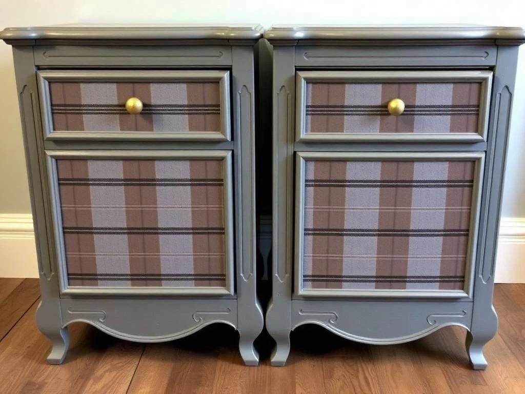 Pair of gray nightstands with plaid fabric panels on a wooden floor. Upcycled Antique Sassenach Plaid Nightstands \| La Vie Nouveau Décor Shoppe