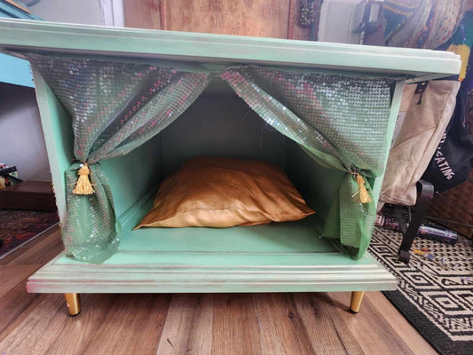 custom order option: Delightful Dog House Den, End-Side Table, Green Vines & Curtains, Pup Graffiti Art, S-M Sized Dogs, Unique Hand-Painted