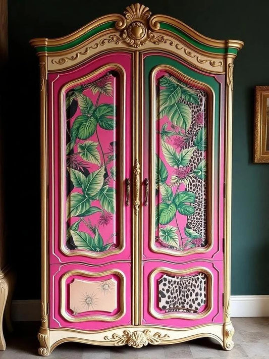 Custom Order Option: Upcycled Antique Retro Pink Tropical Leopard-Themed Vintage Bedroom Furniture Set- Wardrobe Armoire Home Decor