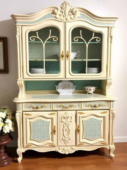 Custom Order Option: Upcycled Antique Aqua Lace & Cream-Theme Vintage Furniture Set- Buffet China Hutch Dining Room Retro Home Decor