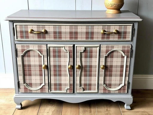 Custom Order Option: Upcycled Antique Sassenach Plaid-Themed Vintage Furniture Set- Side Buffet Dining Room Scottish Highlands Clan Tartan