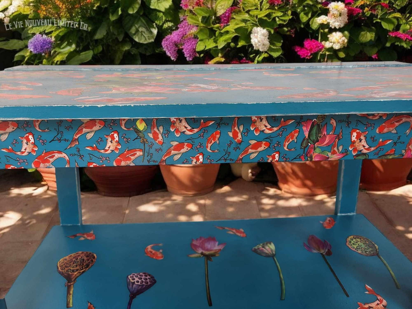 Custom Order Option: Floating Lotus & Koi Coffee Table Book Shelf, Vibrant Blue-Green Color, Metallic-Aqua Edge Upcycled Furniture Art