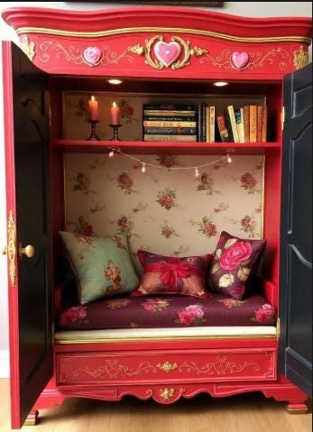 Decorative red cabinet with floral wallpaper, cushions, and books inside. Red ornate wardrobe with floral designs converted into a sitting area with cushions and pillows. Upcycled Antique Romantic Hearts Armoire Reading Nook \| La Vie Nouveau Décor Shoppe