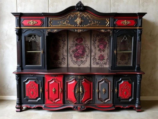 Custom Order Option: Upcycled Antique Retro Dark Gothic Rose-Theme Vintage Furniture Set- Buffet China Hutch Dark Academia Dining Home Decor