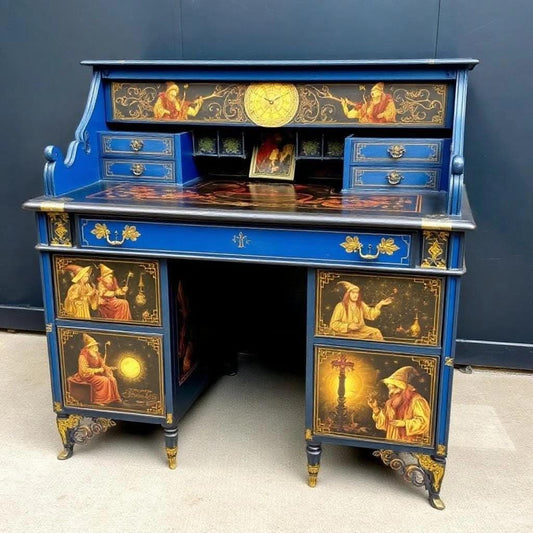 Custom Order Option: Upcycled Antique Rolltop Writer's Desk Blue & Gold Wizard Art Vintage Home Decor Warlock Sorcerer Mystic Witchcraft