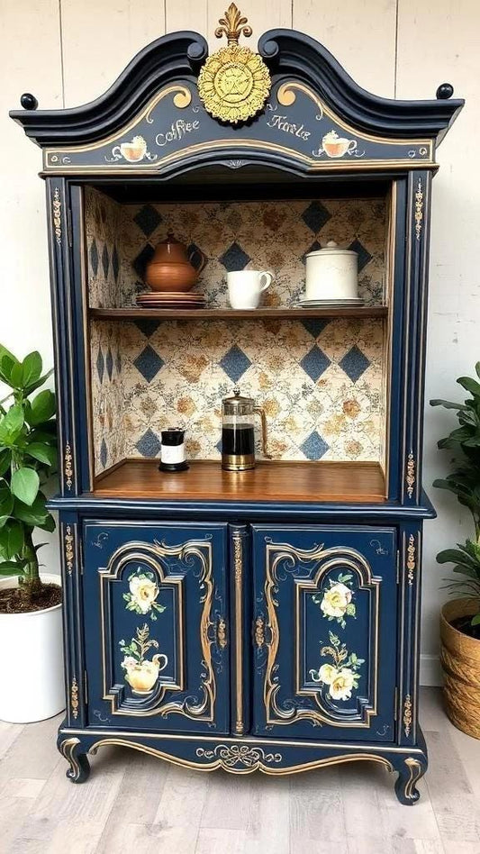 Custom Order Option: Antique Upcycled Armoire Coffee Hutch Tea Nook Beverage Bar Java Station Storage Dining Room Cabinet - Navy Blue