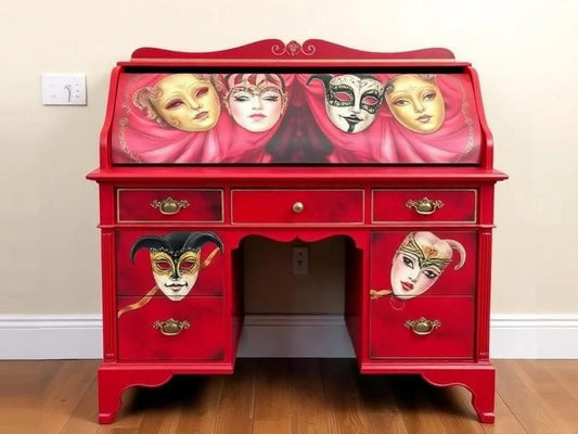 Custom Order Option: Antique Roll-Top Writer's Desk Retro Masquerade Marionette Carnival Art, Vintage Home Office School Decor Receptionist