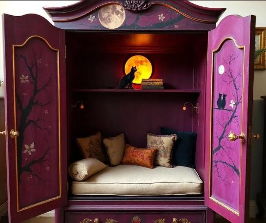 Decorative purple cabinet with open doors, cushions, and a small table inside. Decorative wardrobe with open doors showing a cozy interior with cushions and a small table. Decorative cabinet with a purple interior featuring a cat, moon, and books. Decorative wooden cabinet with open doors, featuring artistic designs and cushions. Upcycled Antique Witchy Cat Moon Armoire Reading Nook \| La Vie Nouveau Décor Shoppe