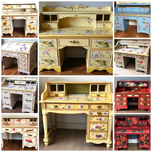 Custom Order Option: Upcycled Antique Rolltop Writers Desk Flower Art Home Study Office Decor Vintage Receptionist Rose Tulip Daisy Hibiscus