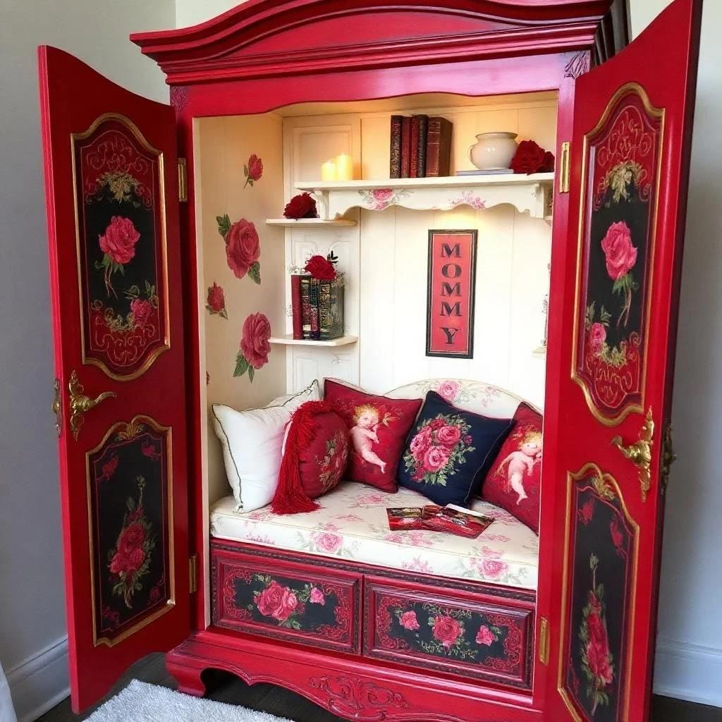 Red ornate wardrobe with floral designs converted into a sitting area with cushions and pillows. Upcycled Antique Romantic Hearts Armoire Reading Nook \| La Vie Nouveau Décor Shoppe