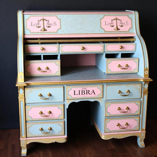 Custom Order Option: Antique Roll-Top Writers Desk Astrology Zodiac Sign Libra Color Art Retro Receptionist Vintage Home Study Office Decor