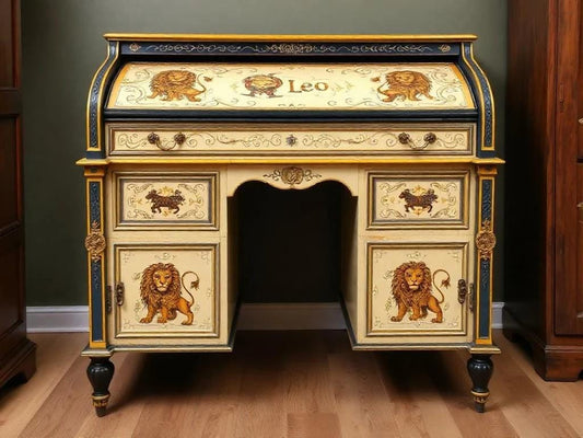 Custom Order Option: Antique Roll-Top Writer's Desk Astrology Zodiac Sign Leo Colors Art Retro Receptionist Vintage Home Study Office Decor