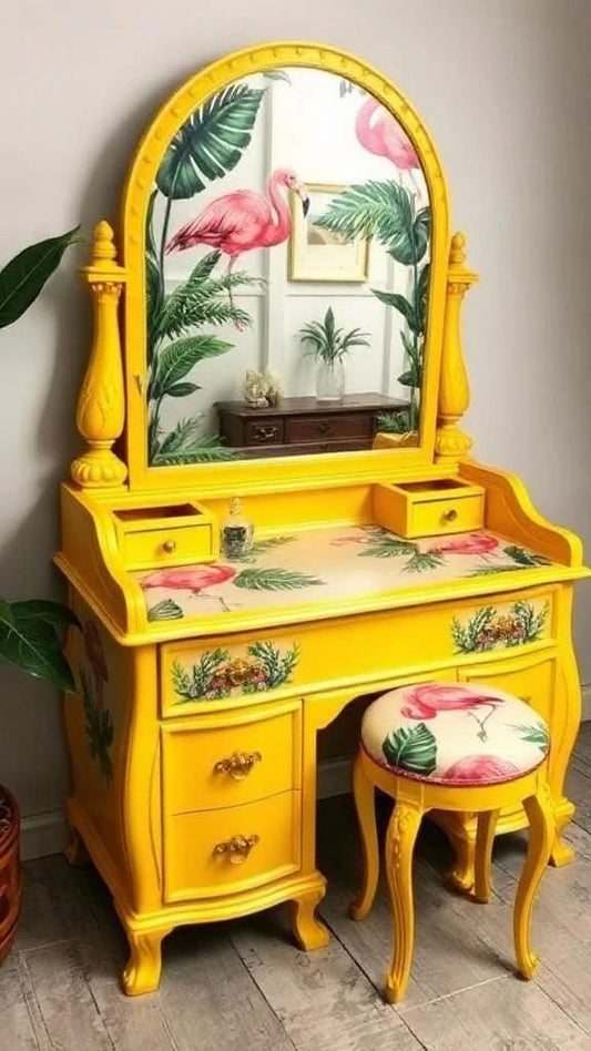 Custom Order Option: Upcycled Antique Retro Tropical Flamingo Vanity & Mirror Vintage Home Salon Decor Receptionist Dressing Table Boudoir