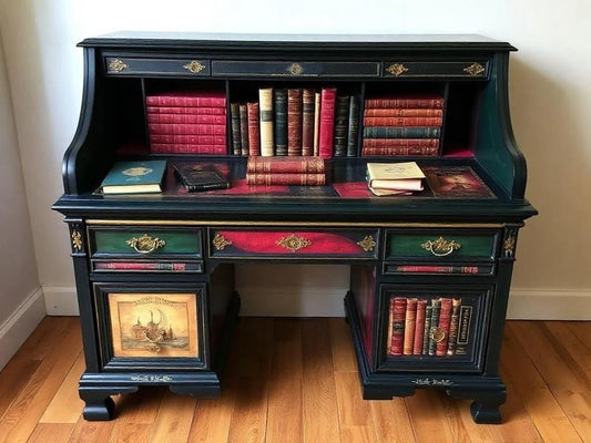 Custom Order Option: Antique Roll-Top Writer's Desk Retro Book Lover Art Vintage Home Study Research Reading Office Decor Dark Academia