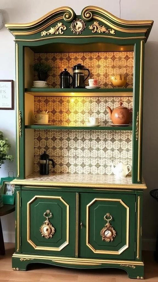Custom Order Option: Antique Upcycled Armoire Coffee Hutch Tea Nook Beverage Bar Java Station Storage Dining Room Cabinet - Green
