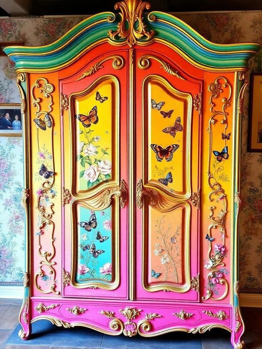 Custom Order Option: Upcycled Antique Neon Butterflies-Themed Vintage Bedroom Furniture Set- Wardrobe Armoire Retro Bright Colors & Lace Art