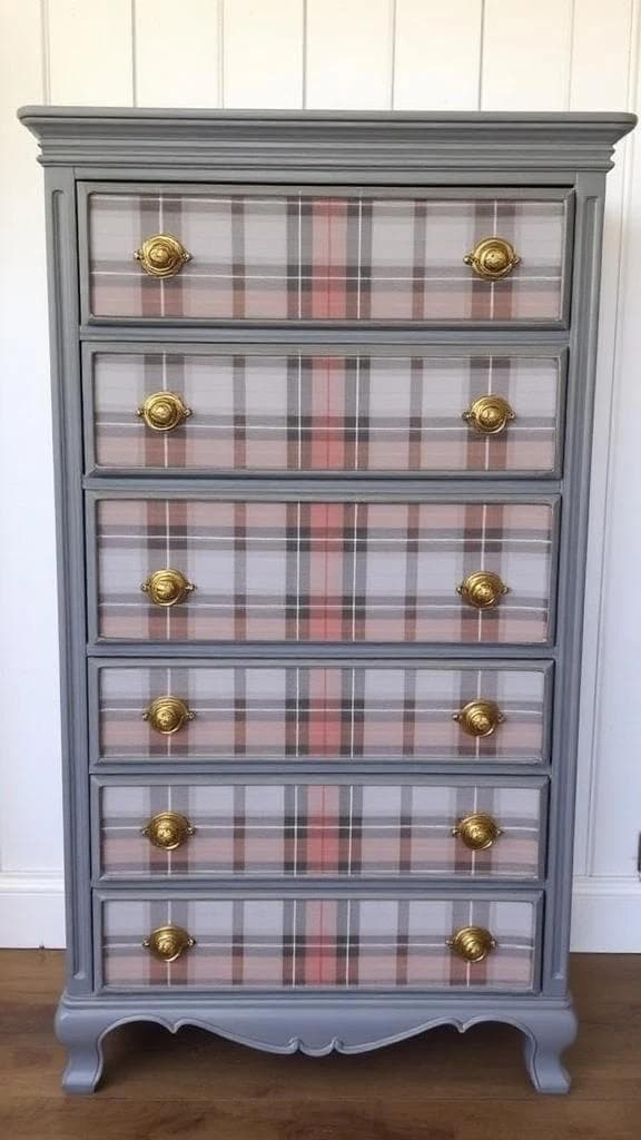 Gray dresser with plaid patterned drawers and gold knobs against a white wall. Upcycled Antique Sassenach Plaid Tall Dresser \| La Vie Nouveau Décor Shoppe