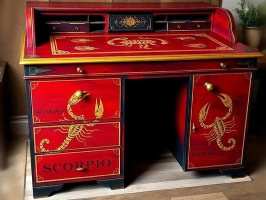 Custom Order Option: Antique RollTop Writers Desk Astrology Zodiac Sign Scorpio Color Art Retro Receptionist Vintage Home Study Office Decor