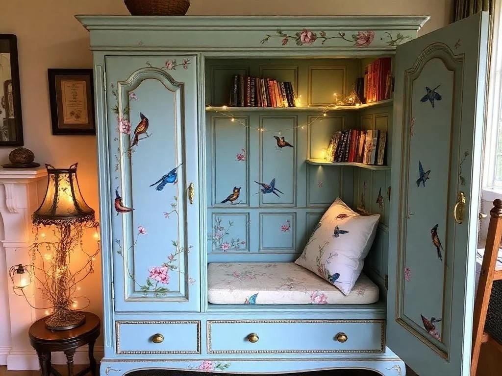 Decorative blue cabinet with floral and bird patterns, books, and a cushion. Decorative armoire with bird designs on a wooden floor. converted armoire into a reading space with a bench and shelves with soft lighting. Upcycled Antique Blue Birds Armoire Reading Nook \| La Vie Nouveau Décor Shoppe