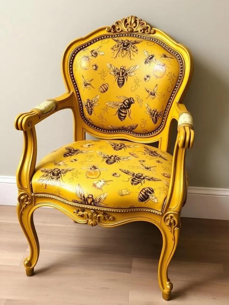 Custom Order Option: Antique Beehive Honeycomb-Themed Yellow & Black Upcycled Vintage Bedroom Furniture Set- Painted Decoupage Accent Chair