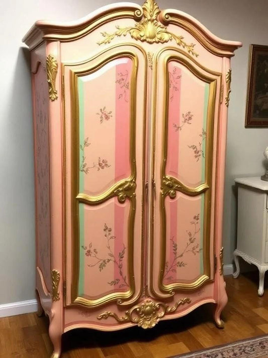 Custom Order Option: Upcycled Antique Retro Cottage Peach-Themed Vintage Bedroom Furniture Set- Wardrobe Armoire Home Decor Rose Gold