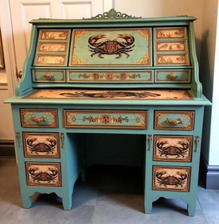 Custom Order Option: Antique Roll-Top Writers Desk Astrology Zodiac Sign Cancer Color Art Retro Receptionist Vintage Home Study Office Decor