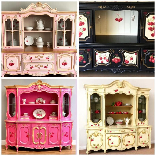 Custom Order Option: Upcycled Antique Retro Cherry-Themed Vintage Furniture Set- Buffet China Hutch Home Decor Dining Room Storage Cabinet