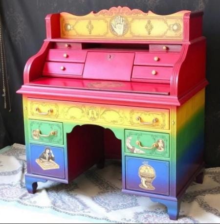 Custom Order Option: Antique Roll-Top Writer's Desk LGBTQ+ Pride Tarot Card Rainbow Retro Receptionist Art Vintage Home Study Office Decor