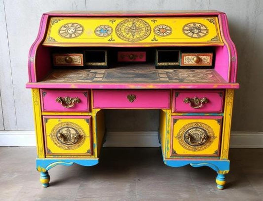 Custom Order Option: Antique Rolltop Writers Desk LGBTQ2+ Pride Pansexual Flag Colors Retro Receptionist Art Vintage Home Study Office Decor