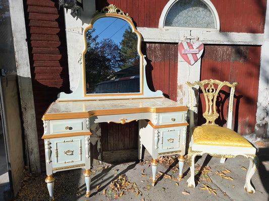 Custom Order Option: Alternative Version White & Gold Antique French Style Regency Core Pastels-Themed Upcycled Vintage - Vanity w/Mirror