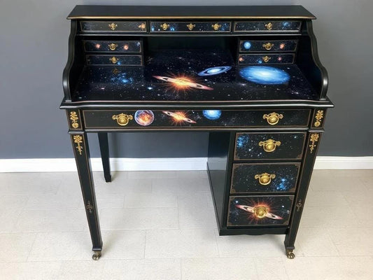Custom Order Option: Upcycled Antique Rolltop Writer's Desk Galaxy-Themed Art Retro Home Study Office Decor Vintage Receptionist