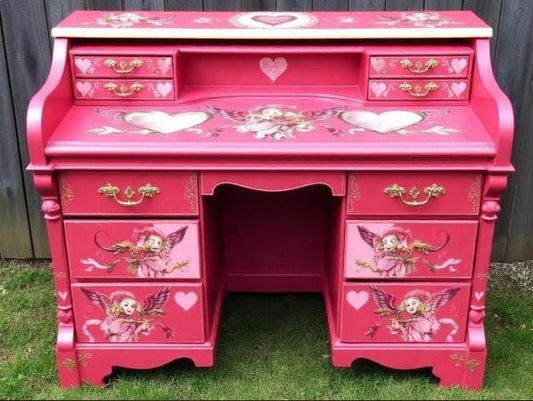 Custom Order Option: Upcycled Antique Rolltop Writer's Desk Retro Cupid Cherub Valentine's Art Home Study Office Decor Vintage Receptionist