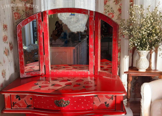 Custom Order Option: Strawberry-themed Vintage Vanity, Red Tutu Skirt Velvet-Lined Drawer, Distressed Boho Cottage Core, Writing Desk